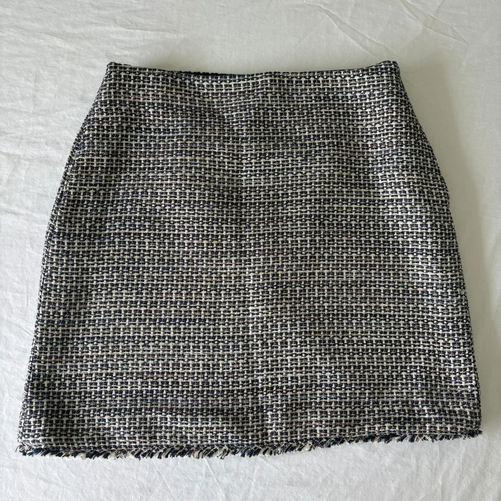 Banana Republic Womens Gray Blue Tweed Pencil Plaid Lined Side Zip Mini Skirt 6